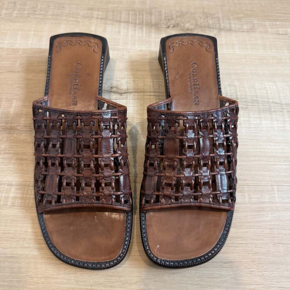 Cole Haan Country Vintage Brown Woven Leather Square Toe Slide Sandals